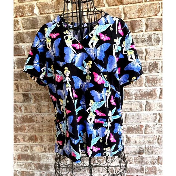 Disney Tinkerbell Scrub Top Medium  Blue Butterflies RN Nurse Vet Tech C… - Picture 3 of 12